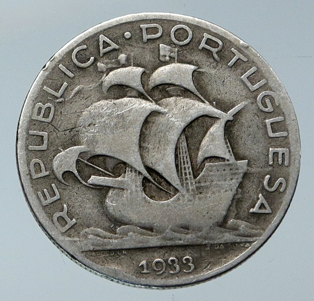1933 PORTUGAL with PORTUGUESE SAILING SHIP Vintage Silver 5 Escu