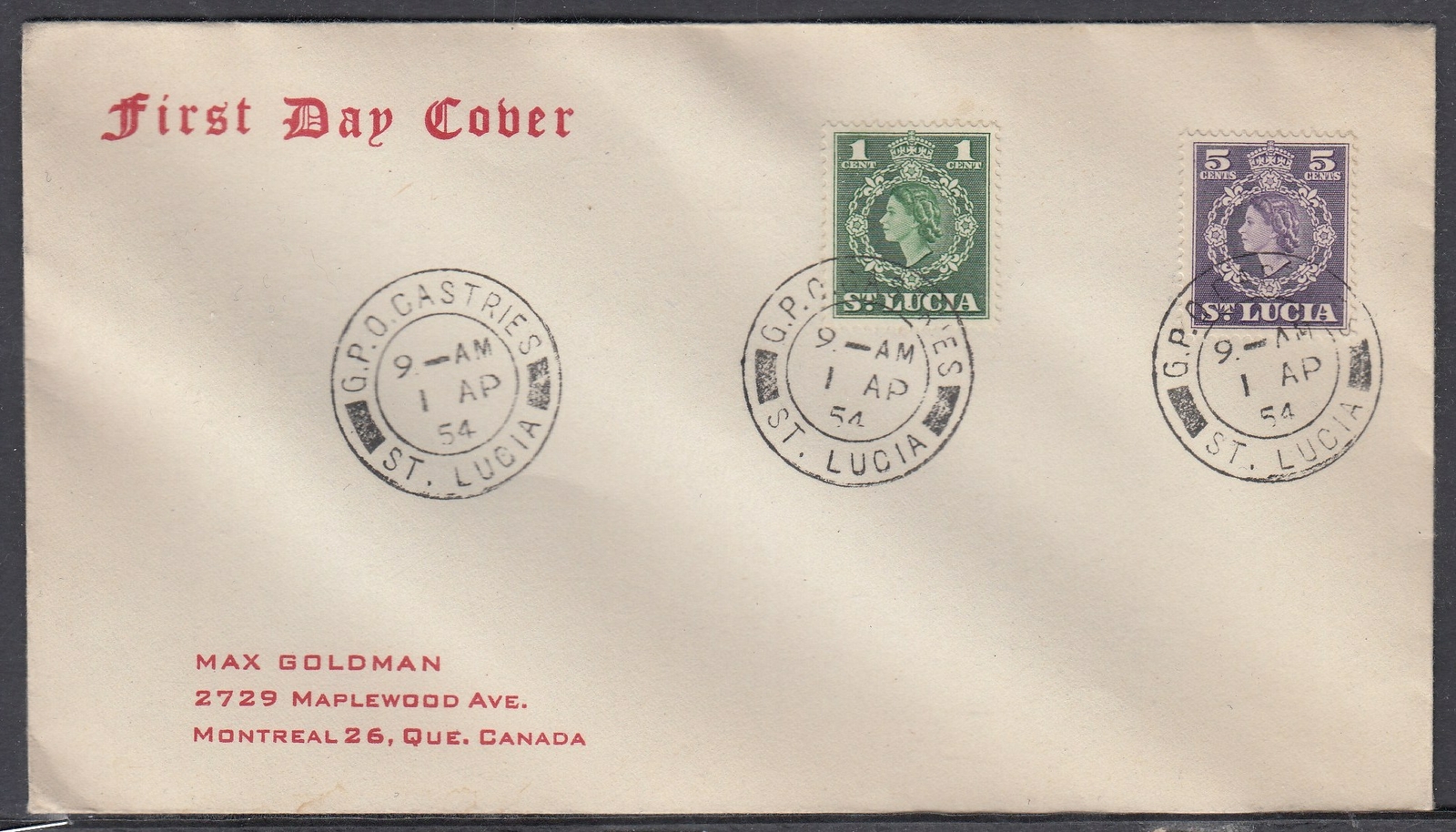 St. Lucia Scott 157/61 FDC - 1954 Definitive Issues
