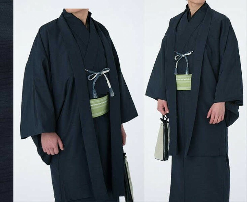 Japanese Traditional Men's Kimono Jacket HAORI Coat Pongee Navy