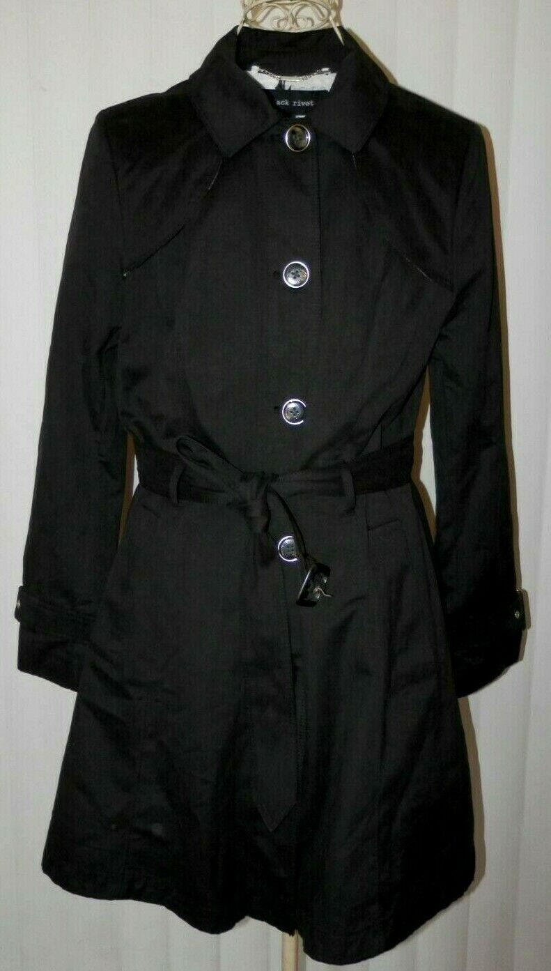 New Black Rivet Women's Black Belted Trench Coat Jacket Lined Si